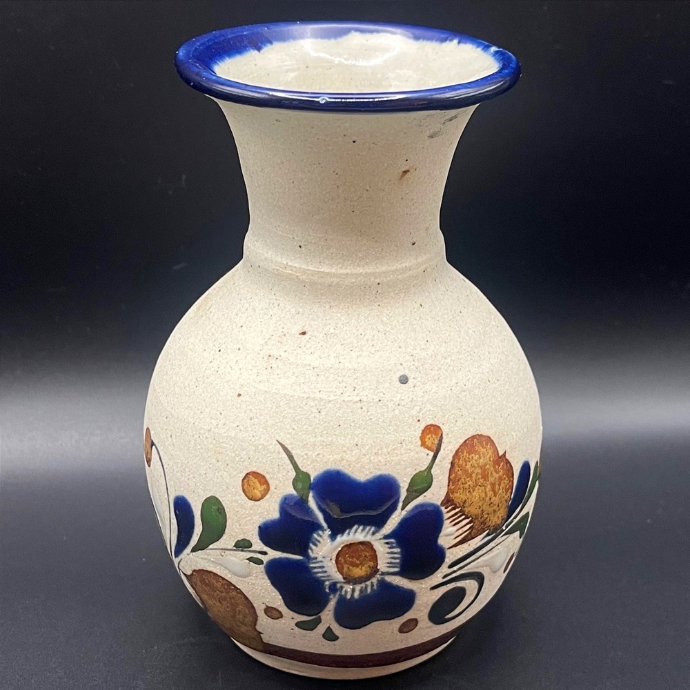 Mexican Pottery Floral Bud Vase Cream Blue Hand‎ Painted Tonala Artisan Signed